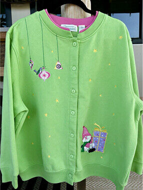 Shenanigans Women’s 2X Fleece Button Front Cardigan Embroidered Snowman Green